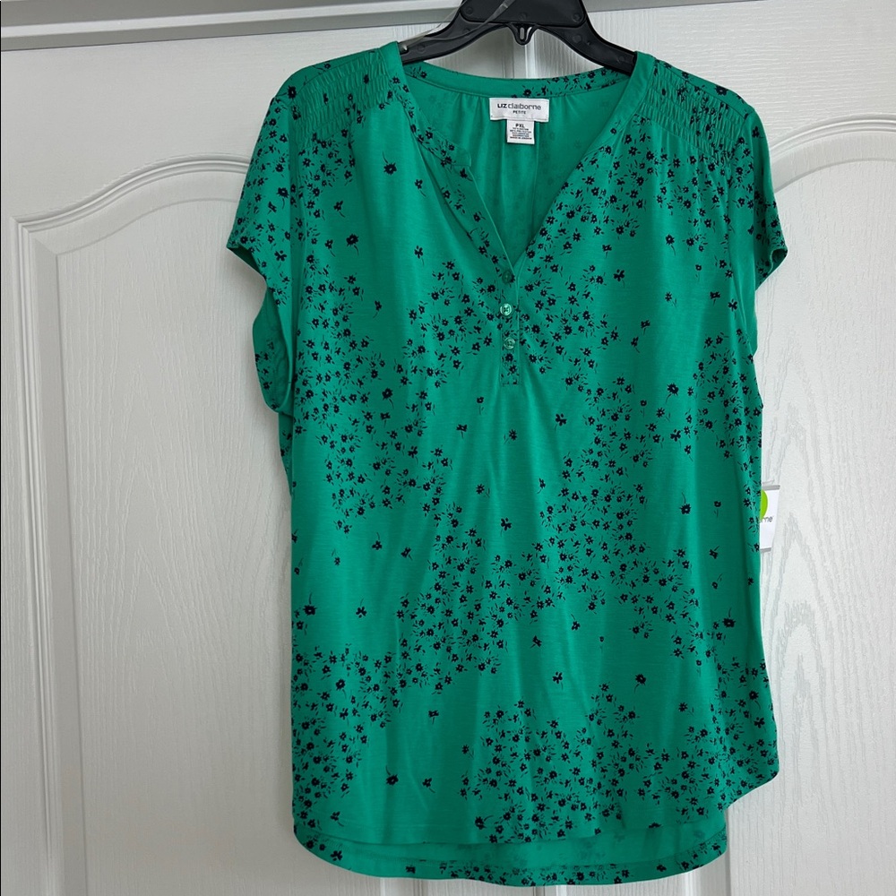 Liz Claiborne Emerald Green Short Sleeve V-Neck Blouse with Black Floral Print